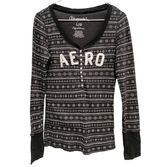 Vintage Y2K Aeropostale Womens Thermal  Logo Top Large Black Fair Isle Henley - Picture 1 of 8